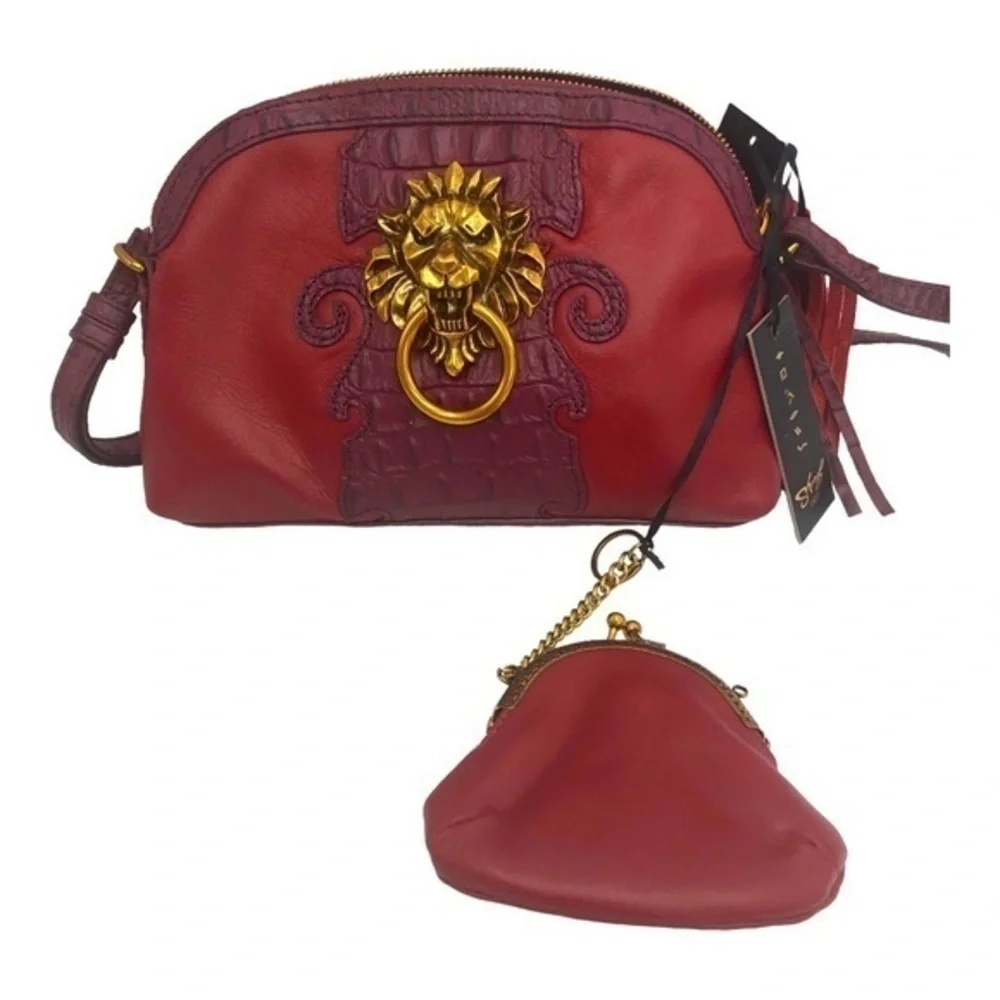 Sharif Crocc Embossed Red Leather Lion Knocker Bag w Coin Purse NWT - Picture 2 of 13